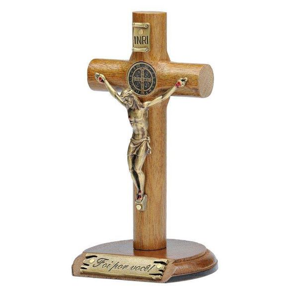 Crucifixo Madeira Cilíndrica de mesa 12cm São Bento- Foi por você