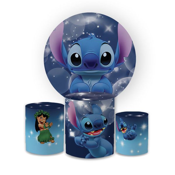 Kit Capa Painel Redondo + Trio Cilindros Decoração Aniversário Lilo & Stitch Desenho