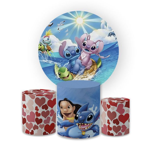 Kit Capa Painel Redondo + Trio Cilindros Decoração Aniversário Lilo & Stitch Desenho