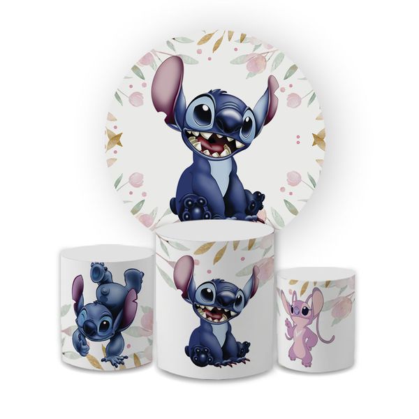 Kit Capa Painel Redondo + Trio Cilindros Decoração Aniversário Lilo & Stitch Desenho