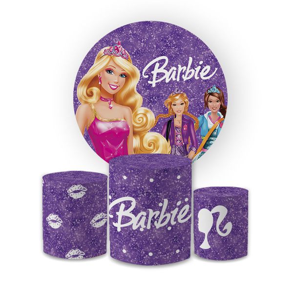 Kit Capa Painel Redondo + Trio Cilindros Decoração Aniversário Festa Infantil Barbie 
