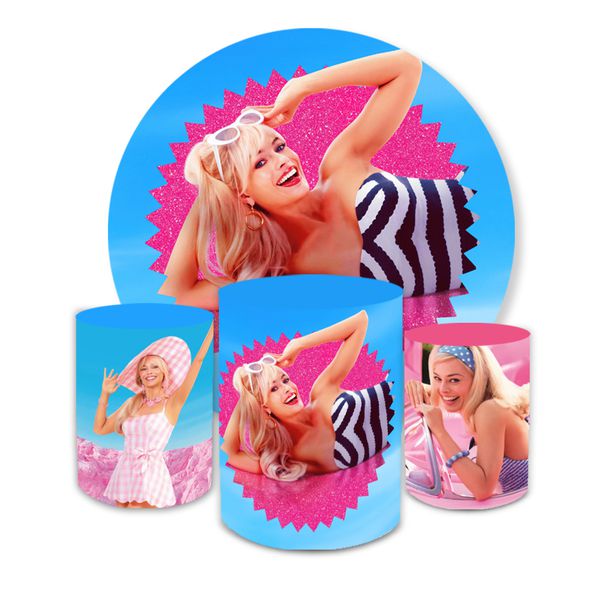 Kit Capa Painel Redondo + Trio Cilindros Decoração Aniversário Festa Infantil Barbie O Filme