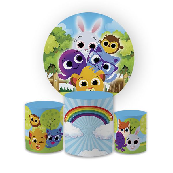 Kit Capa Painel Redondo + Trio Cilindros Decoração Festa Aniversário Infantil Desenho Bolofofos