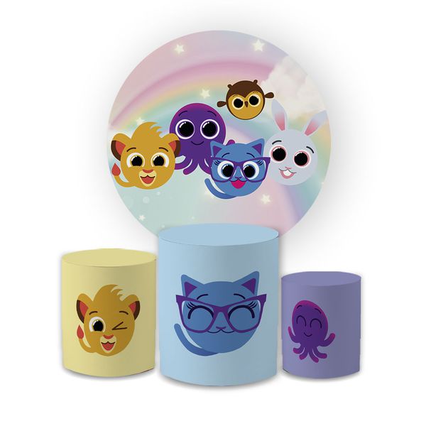 Kit Capa Painel Redondo + Trio Cilindros Decoração Festa Aniversário Infantil Desenho Bolofofos 