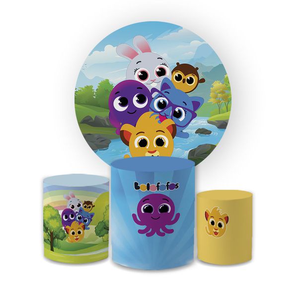 Kit Capa Painel Redondo + Trio Cilindros Decoração Festa Aniversário Infantil Desenho Bolofofos 