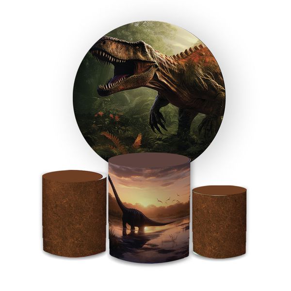 Kit Capa Painel Redondo + Trio Cilindros Decoração Festa Aniversário Infantil Dinossauro 
