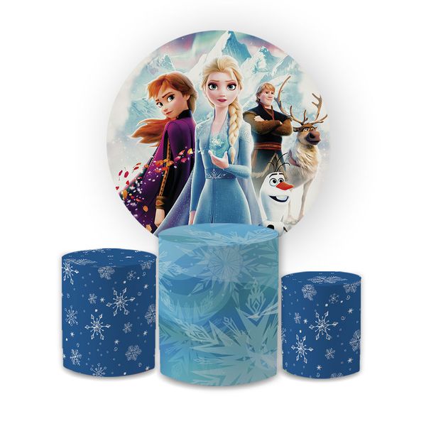 Kit Capa Painel Redondo + Trio Cilindros Decoração Festa Aniversário Infantil Desenho Frozen 