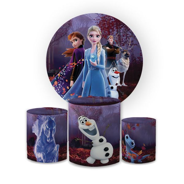 Kit Capa Painel Redondo + Trio Cilindros Decoração Festa Aniversário Infantil Desenho Frozen 