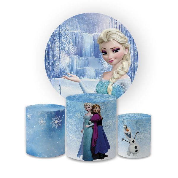 Kit Capa Painel Redondo + Trio Cilindros Decoração Festa Aniversário Infantil Desenho Frozen 