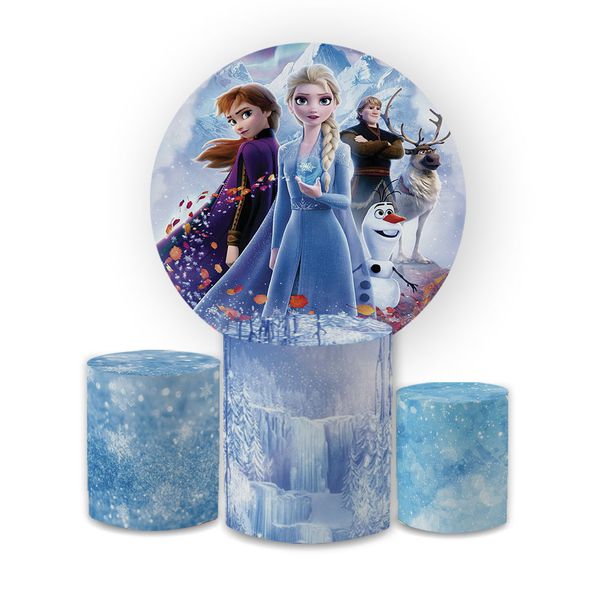 Kit Capa Painel Redondo + Trio Cilindros Decoração Festa Aniversário Infantil Desenho Frozen 