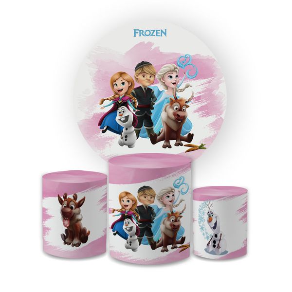 Kit Capa Painel Redondo + Trio Cilindros Decoração Festa Aniversário Infantil Desenho Frozen Baby 