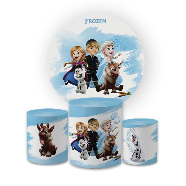Kit Capa Painel Redondo + Trio Cilindros Decoração Festa Aniversário Infantil Desenho Frozen Baby 