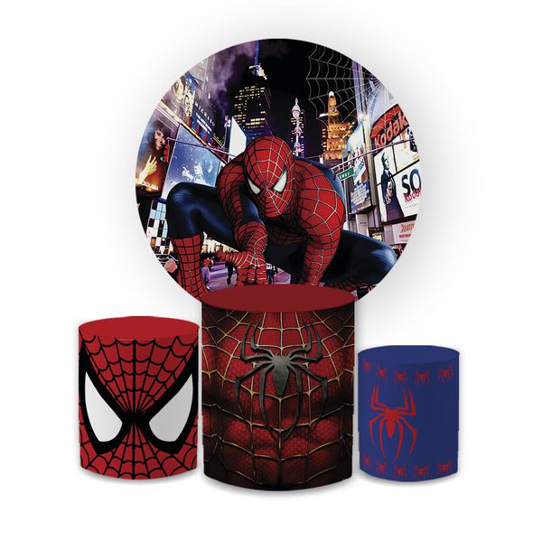 Kit Capa Painel Redondo + Trio Cilindros Decoração Festa Aniversário Infantil Tema Menino Homem Aranha 