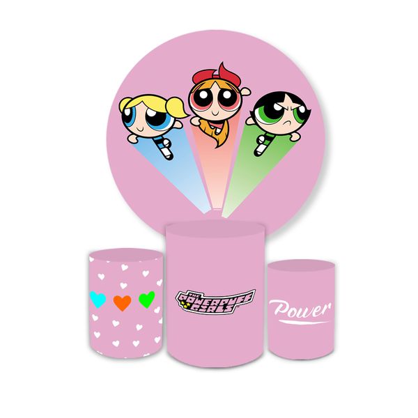 Kit Capa Painel Redondo + Trio Cilindros Decoração Festa Aniversário Infantil Tema As Meninas Super Poderosas 