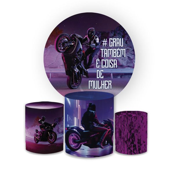 Kit Capa Painel Redondo + Trio Cilindros Decoração Festa Aniversário Tema Motocross Menina
