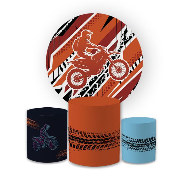 Kit Capa Painel Redondo + Trio Cilindros Decoração Festa Aniversário Tema Motocross 