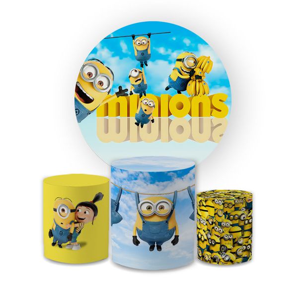 Kit Capa Painel Redondo + Trio Cilindros Decoração Festa Aniversário Infantil Tema Minions Meu Malvado Favorito