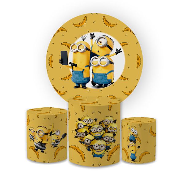 Kit Capa Painel Redondo + Trio Cilindros Decoração Festa Aniversário Infantil Tema Minions Meu Malvado Favorito 