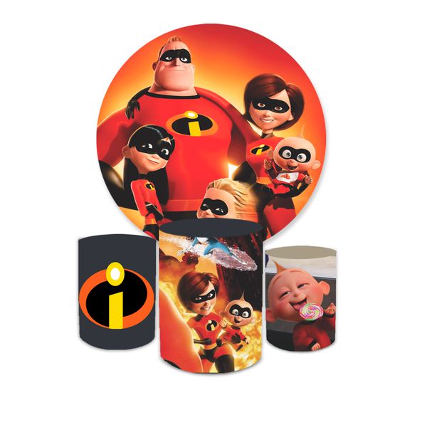 Kit Capa Painel Redondo + Trio Cilindros Decoração Festa Aniversário Infantil Tema Menino Filme Os Incríveis 