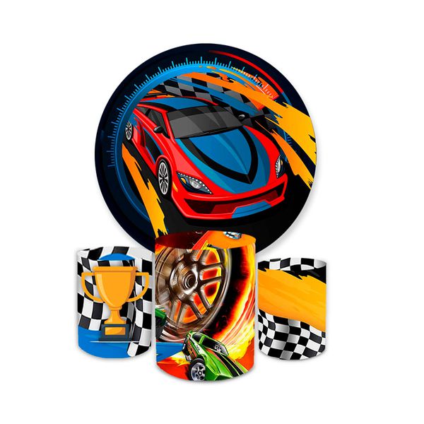 Kit Capa Painel Redondo + Trio Cilindros Decoração Festa Aniversário Infantil Tema Menino Carros Hotwheels 