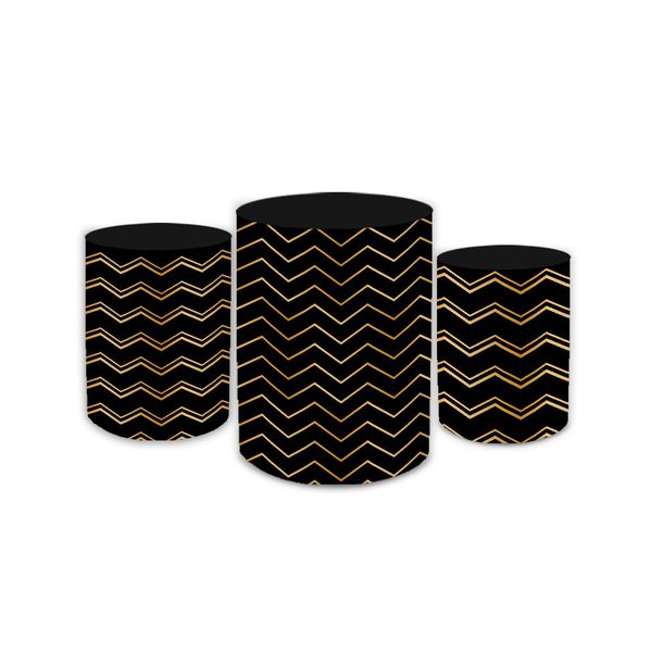 Kit Trio De Cilindros Geométrico Preto e Dourado