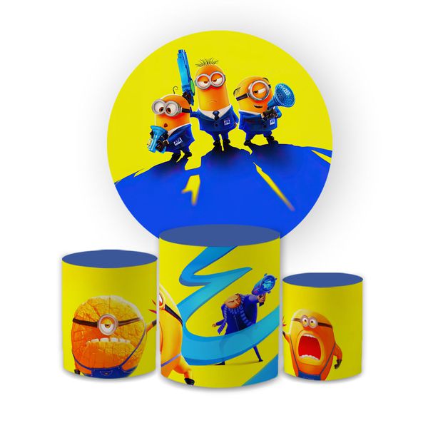 Kit Painel Redondo + Trio Cilindros Tema Meu Malvado Favorito Personagens Minions Infantil Kids