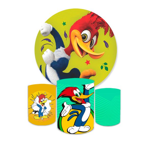 Kit Capa Painel Redondo + Trio Cilindros Decoração Festa Aniversário Infantil Desenho Tema Menino Pica Pau 