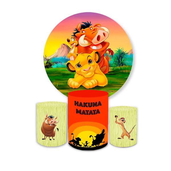 Kit Capa Painel Redondo + Trio Cilindros Decoração Festa Aniversário Infantil Tema Rei Leão 