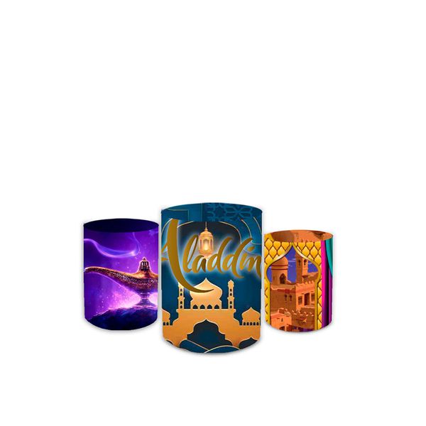 Trio Capas de Cilindros Sublimados Decorativo Tema Infantil Aladdin Decoração Desenho