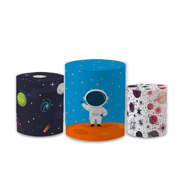 Trio Capas de Cilindros Sublimados Decorativo Tema Astronauta Colorido Decoração Infantil Menino
