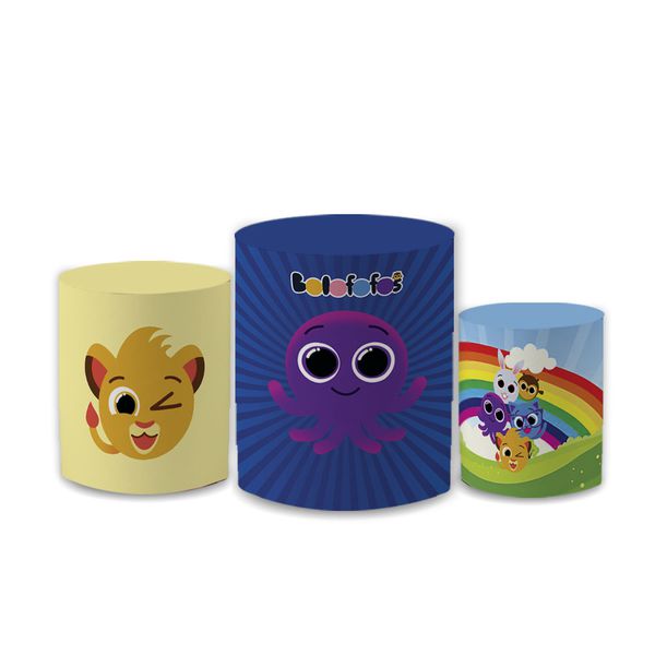 Trio Capas de Cilindros Sublimados Decorativo Tema Infantil Bolofofos Decoração Festa Menino Menina Colorido