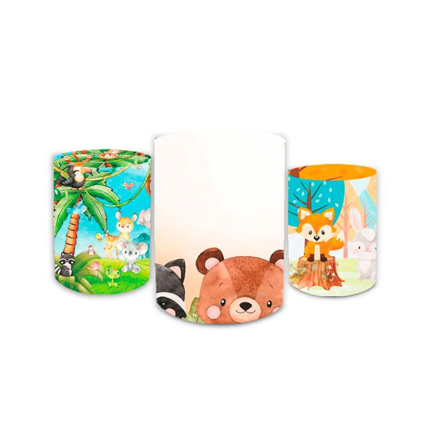 Trio Capas de Cilindros Sublimados Decorativo Tema Infantil Bosque Animais Decoração Festa