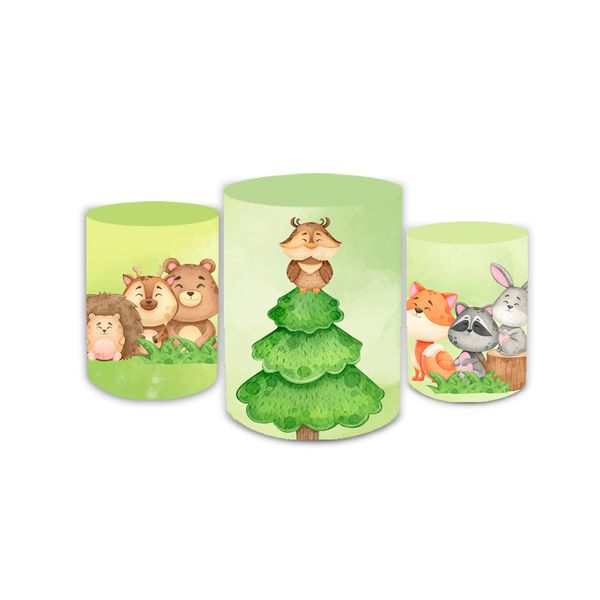 Trio Capas de Cilindros Sublimados Decorativo Tema Infantil Bosque Animais Decoração Festa