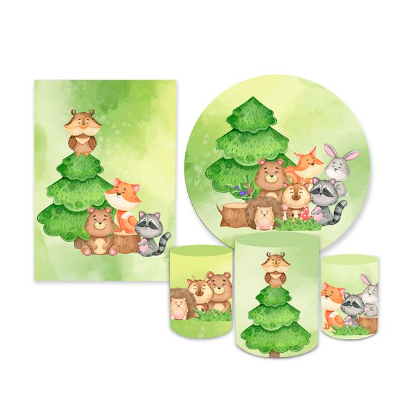 Kit Casadinho Capa Painel Redondo + Retangular + Trio Capas de Cilindro Tema Bosque Decorativo Animais