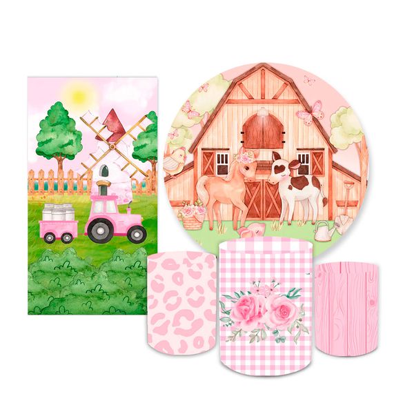 Kit Casadinho Capa Painel Redondo + Retangular + Trio Capas de Cilindro Tema Decorativo Fazendinha Animais Infantil