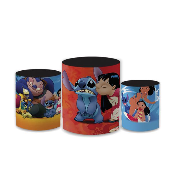 Trio Capas de Cilindros Sublimados Decorativo Tema Lilo e Stitch Decoração Festa Infantil