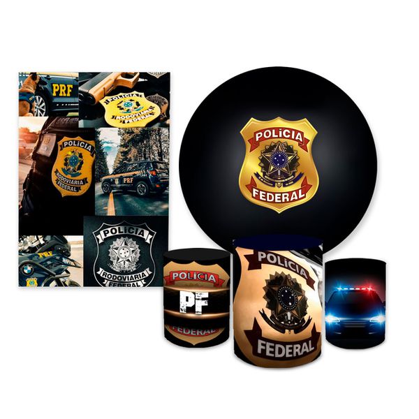 Kit Casadinho Capa Painel Redondo + Retangular + Trio Capas de Cilindro Tema Policia Militar Decoração Exército Bope