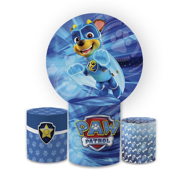Kit Capa Painel Redondo + Trio Cilindros Decoração Aniversário Infantil Desenho Chase Patrulha Canina