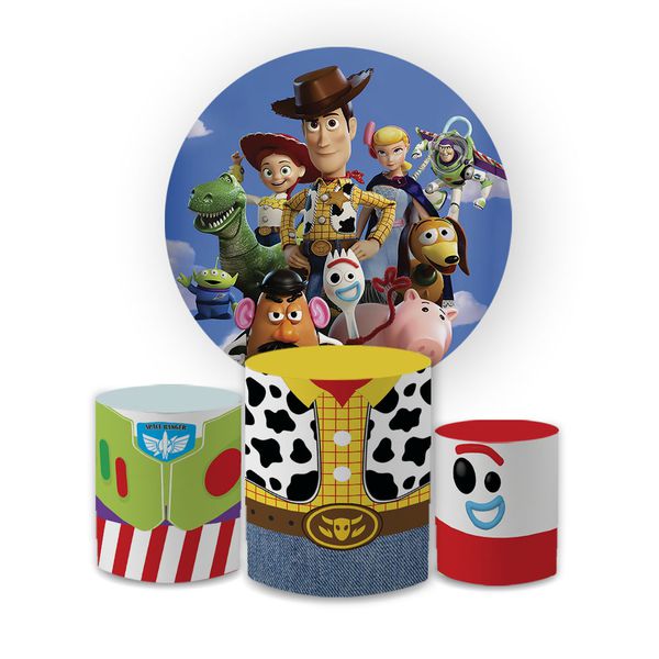 Kit Capa Painel Redondo + Trio Cilindros Decoração Festa Aniversário Infantil Desenho Toy Story