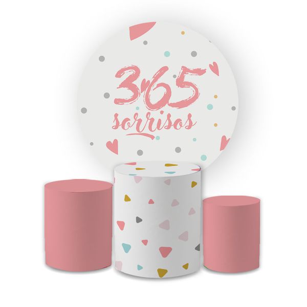 Kit Capa Painel Redondo + Trio Cilindros Decoração Aniversário Festa Infantil 365 Sorrisos Menina 
