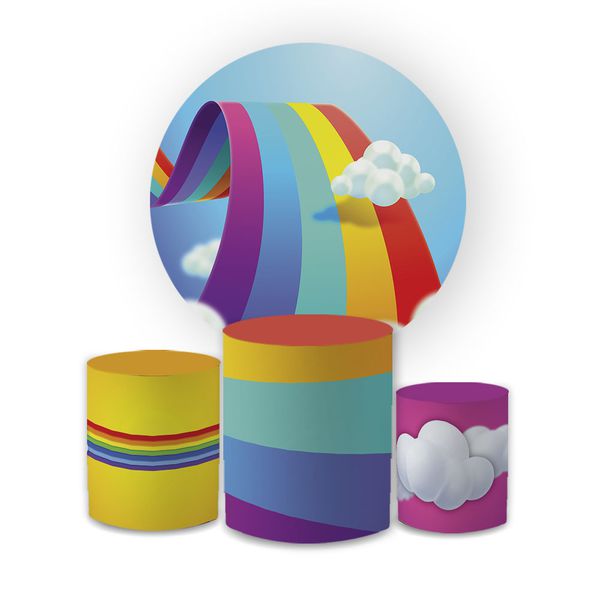 Kit Capa Painel Redondo + Trio Cilindros Decoração Festa Infantil Arco Iris