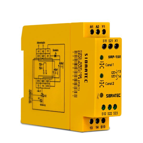 Relé de Segurança SRP-158 24Vcc/Vca Bi-Manual - Duplo Canal - 2NA + 2NF (Sem Certificação) Sibratec
