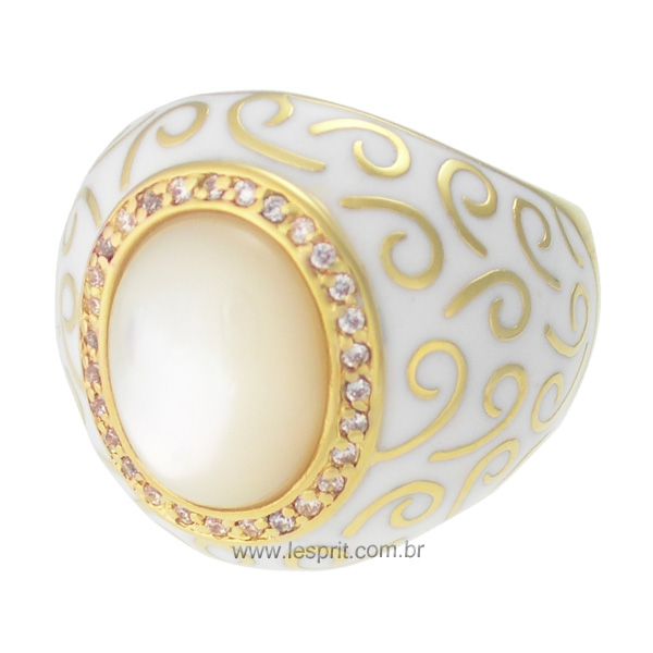 Anel Esmaltado Branco Madre Pérola Lesprit 00017 Dourado Cristal