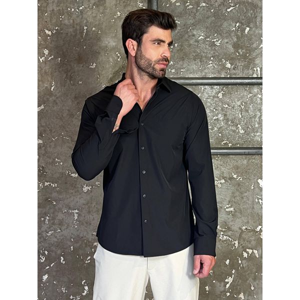 Camisa Masculina Social Preta Lisa Slim Fit 