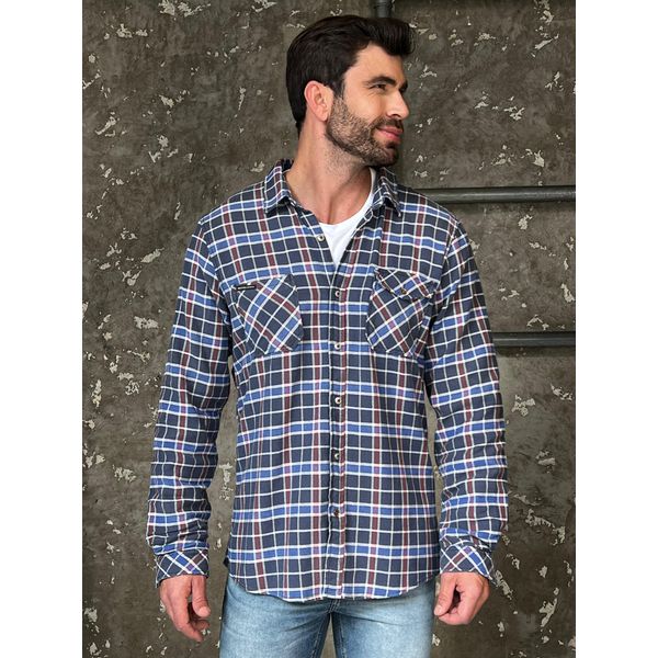 Camisa Masculina Xadrez Marinho e Bordô com Bolsos Frontais