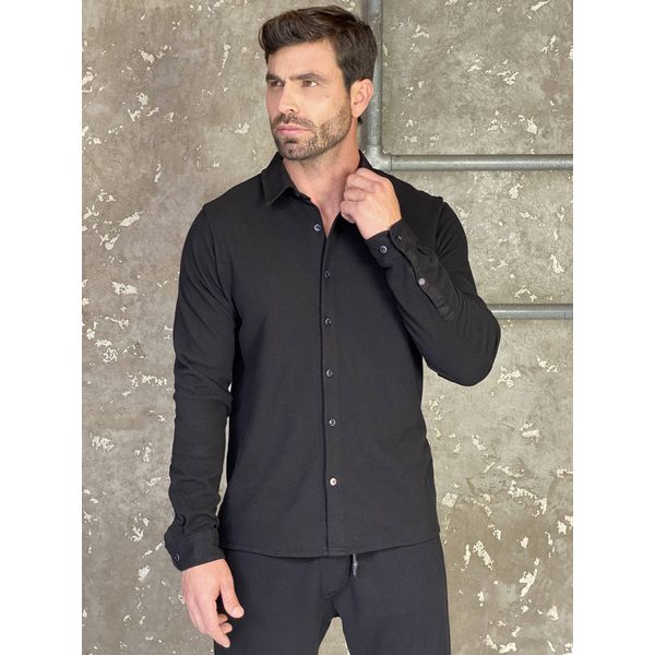 Camisa Masculina Manga Longa Texturizada Preta