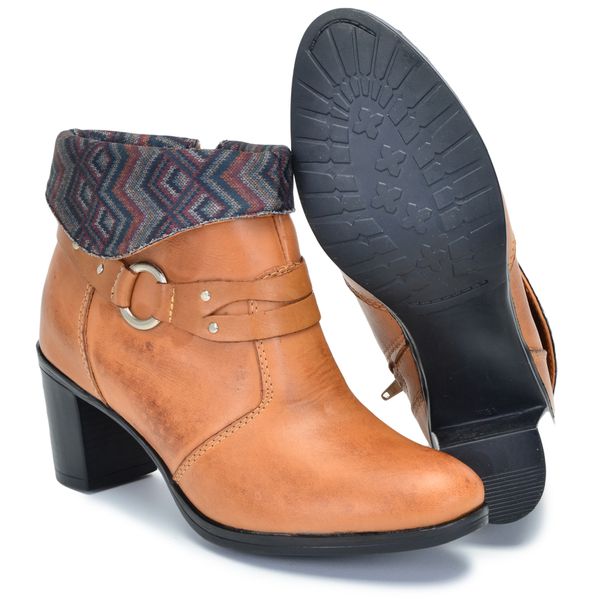 Bota Feminina Cano Curto Salto Grosso Caramelo/Étnico