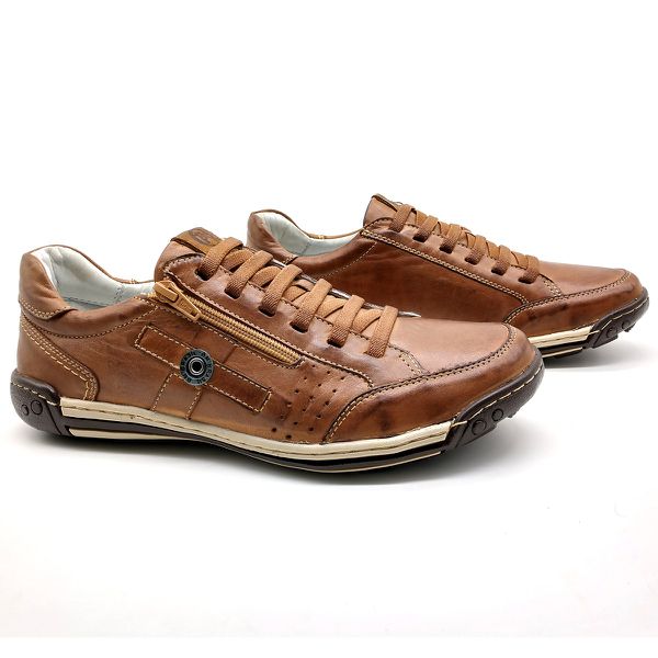 Sapato Masculino Casual Zíper e Elástico Palmilha Ortopédica 148/01 Caramelo