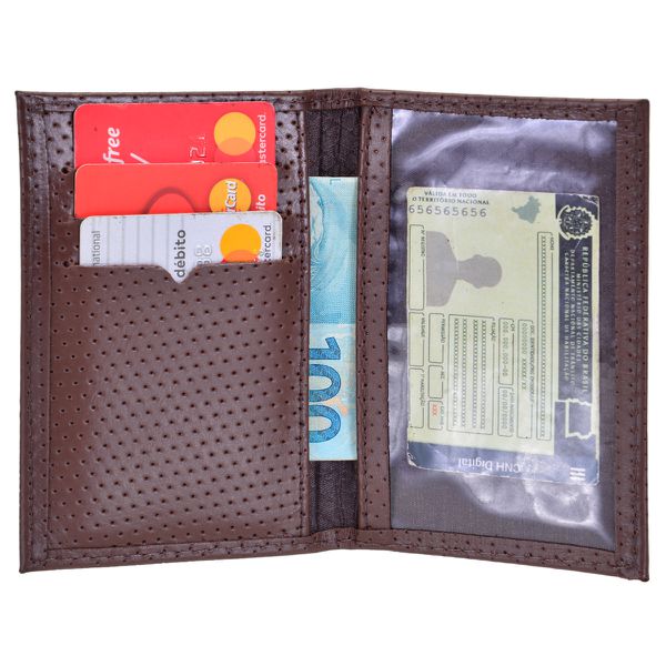 porta documento em couro marrom furadinho