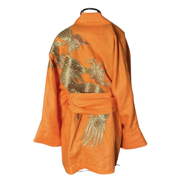 Kimono Oversize Yang Linho Pitanga Abraço do Dragão Ouro